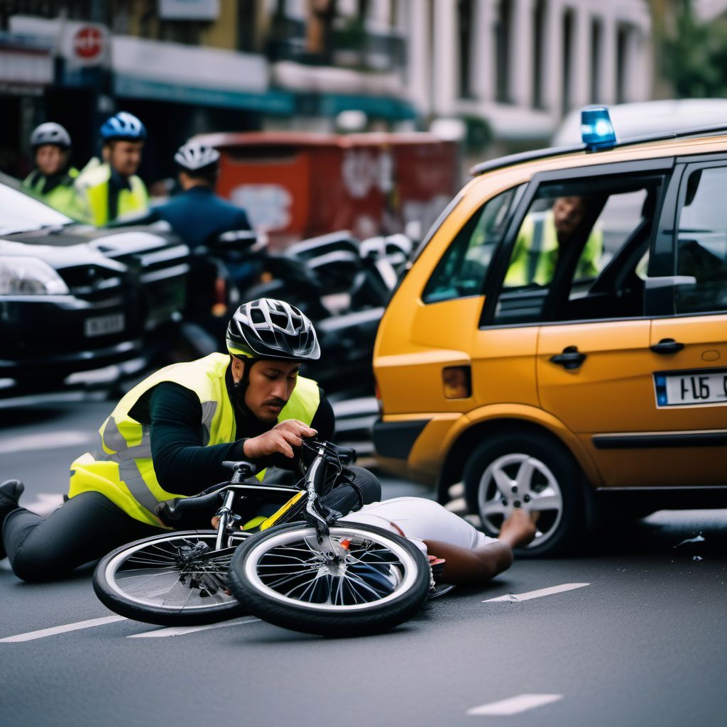 Pedal cycle driver injured in collision with other and unspecified motor vehicles in traffic accident digital illustration