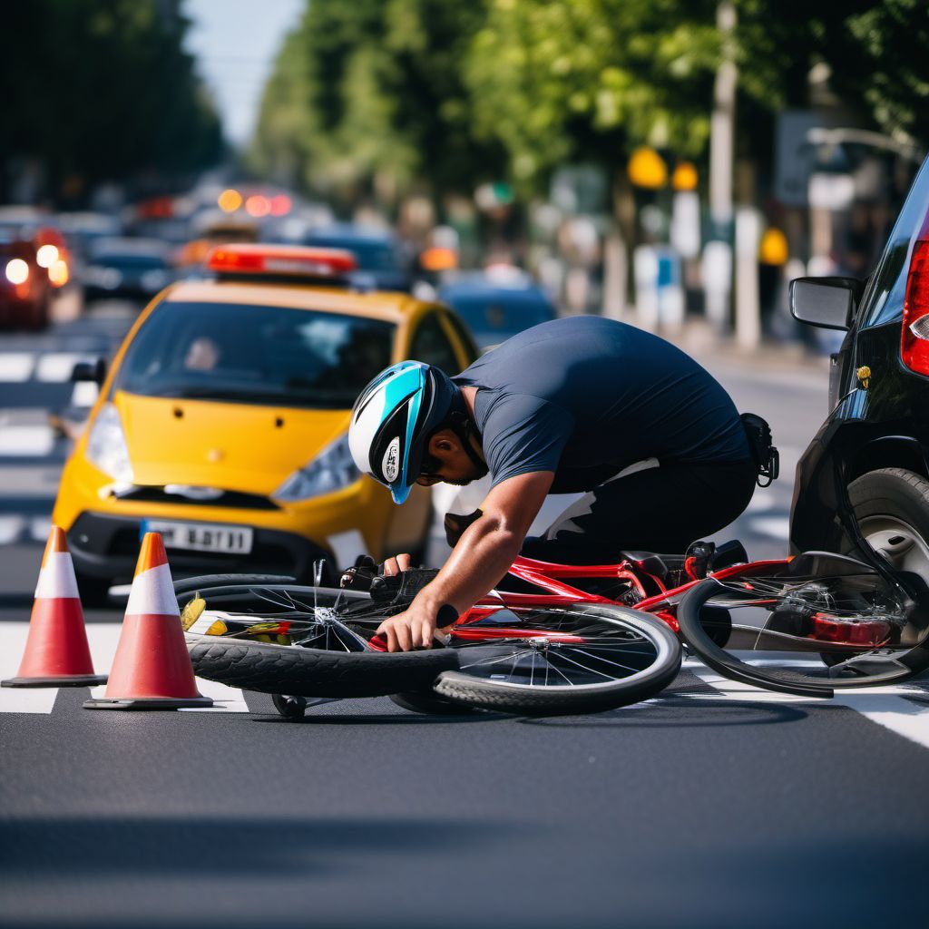 Pedal cycle driver injured in collision with unspecified motor vehicles in traffic accident digital illustration