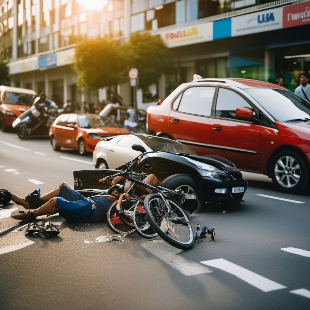 Pedal cycle passenger injured in collision with other and unspecified motor vehicles in traffic accident digital illustration