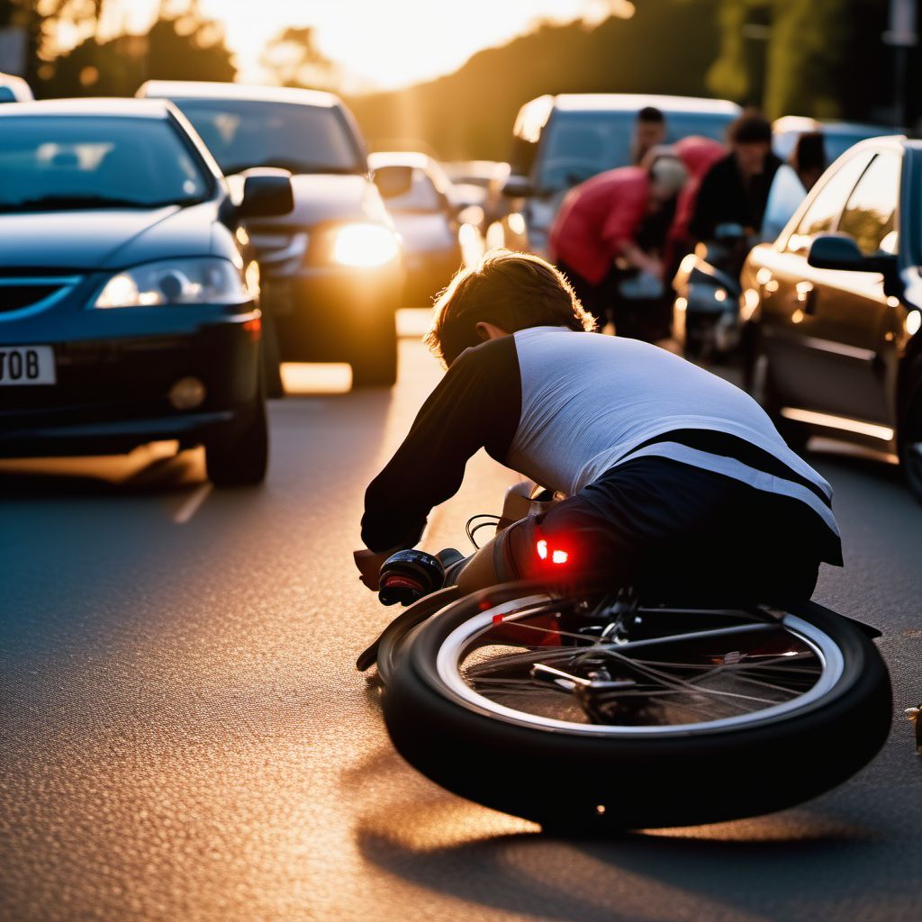 Pedal cycle passenger injured in collision with unspecified motor vehicles in traffic accident digital illustration