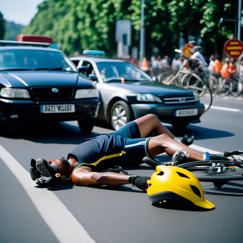 Pedal cycle passenger injured in collision with other motor vehicles in traffic accident digital illustration