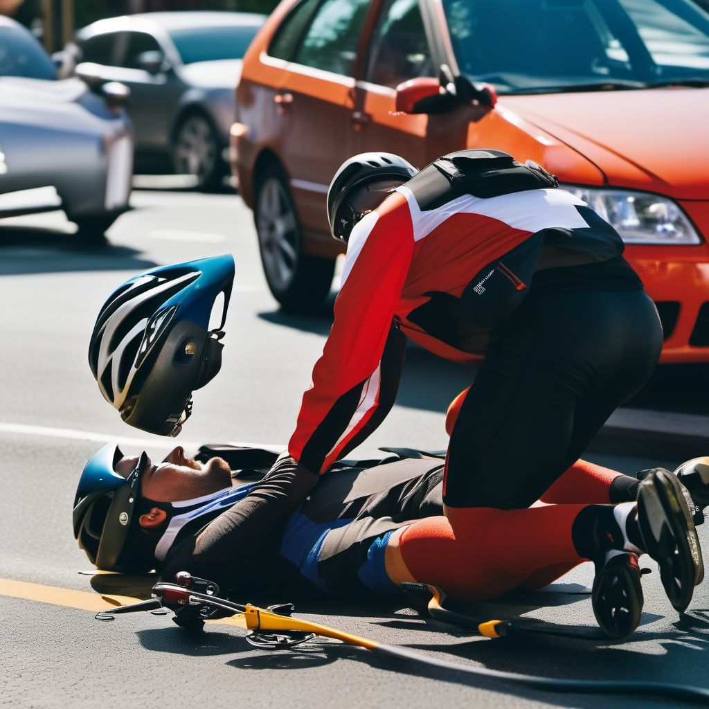 Unspecified pedal cyclist injured in collision with unspecified motor vehicles in traffic accident digital illustration