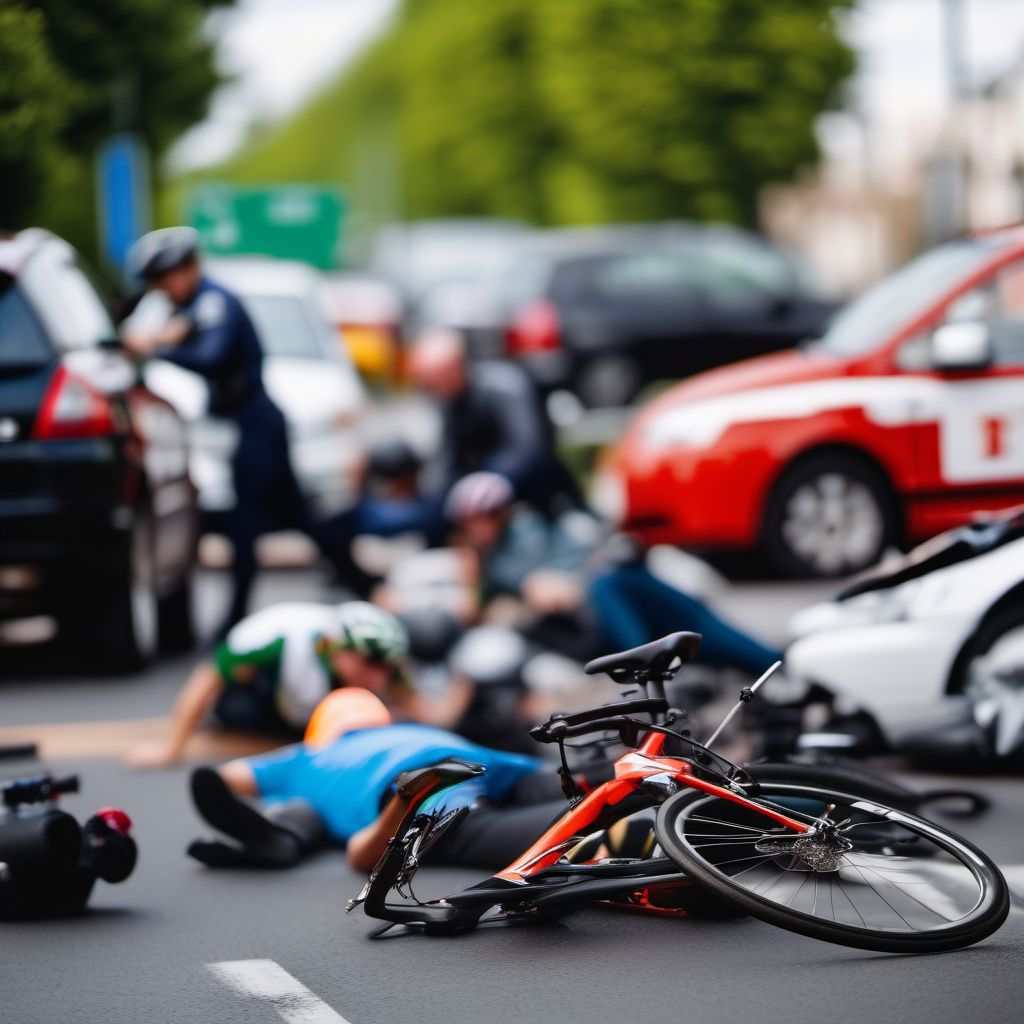 Unspecified pedal cyclist injured in collision with other motor vehicles in traffic accident digital illustration