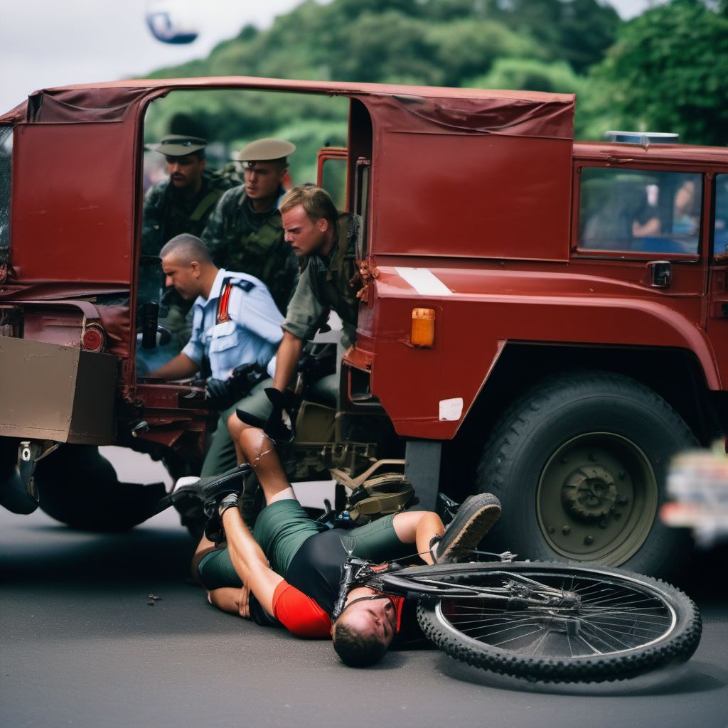 Pedal cyclist (driver) (passenger) injured in transport accident with military vehicle digital illustration