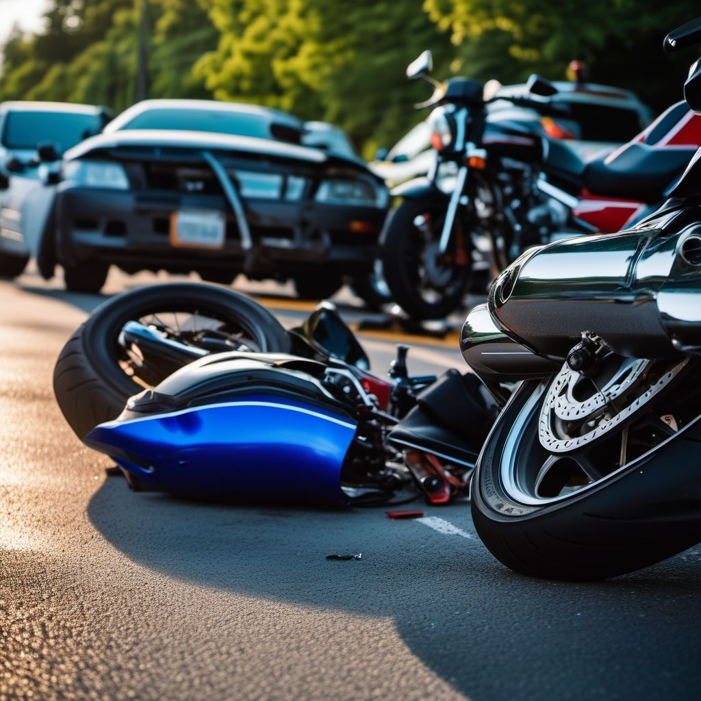 Motorcycle passenger injured in collision with two- or three-wheeled motor vehicle in nontraffic accident digital illustration