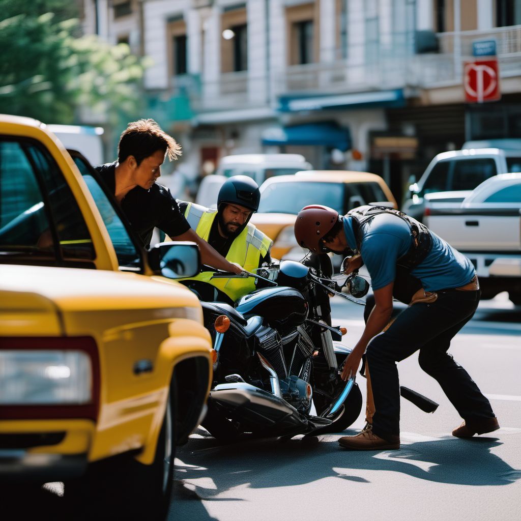 Person boarding or alighting a motorcycle injured in collision with car, pick-up truck or van digital illustration