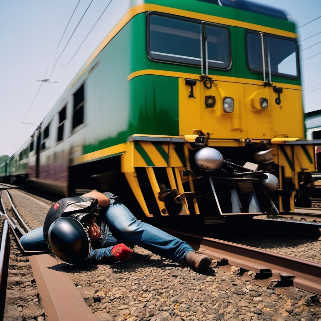Motorcycle rider injured in collision with railway train or railway vehicle digital illustration