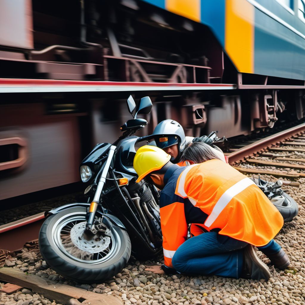 Motorcycle passenger injured in collision with railway train or railway vehicle in nontraffic accident digital illustration