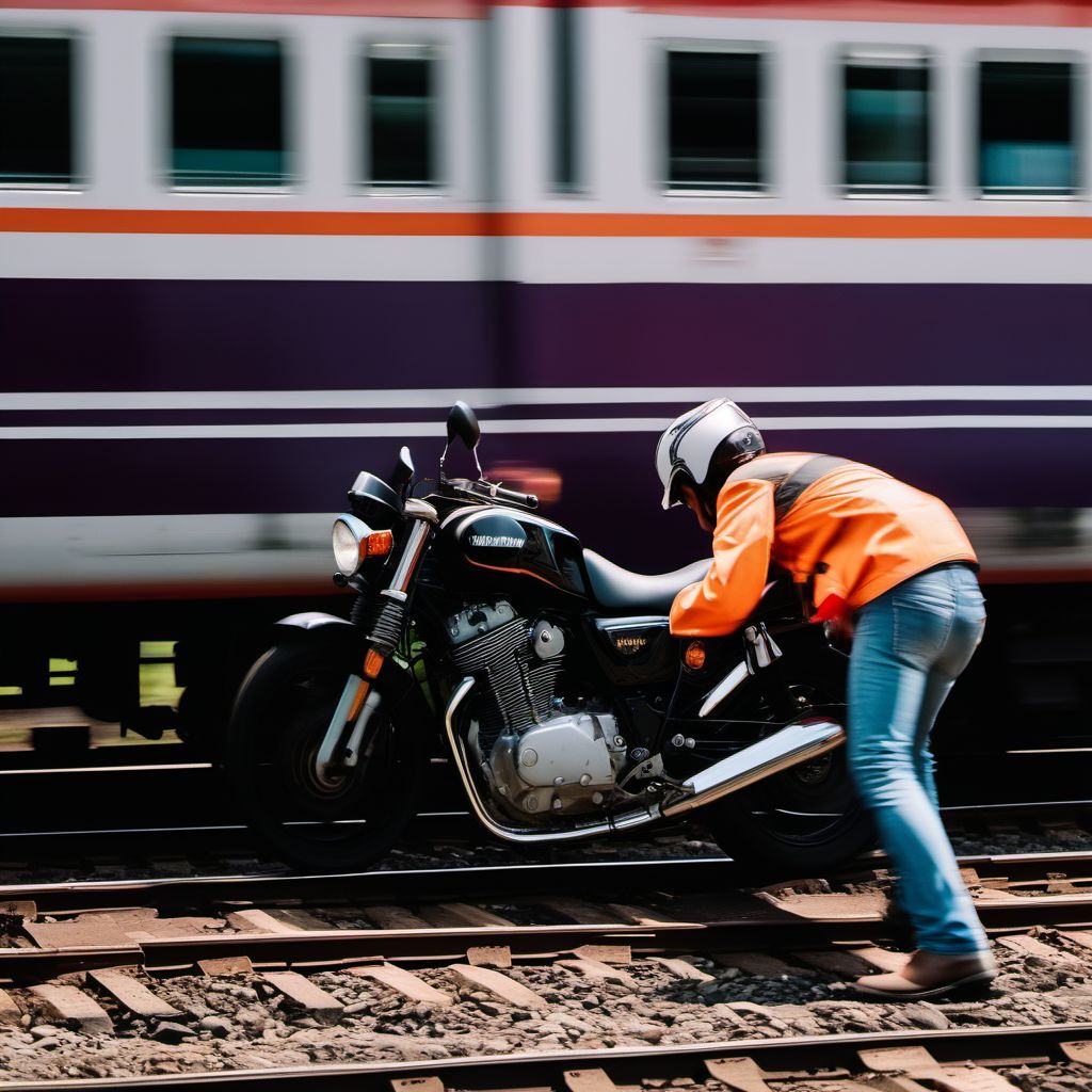 Person boarding or alighting a motorcycle injured in collision with railway train or railway vehicle digital illustration