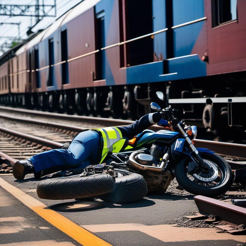 Motorcycle passenger injured in collision with railway train or railway vehicle in traffic accident digital illustration