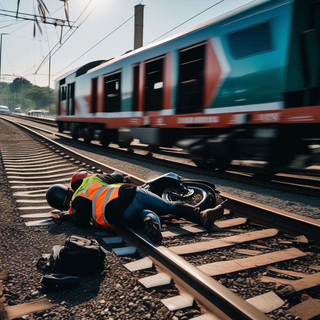 Unspecified motorcycle rider injured in collision with railway train or railway vehicle in traffic accident digital illustration