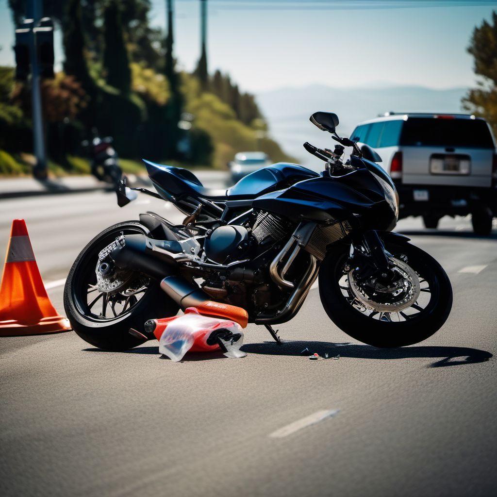 Motorcycle passenger injured in collision with fixed or stationary object in nontraffic accident digital illustration