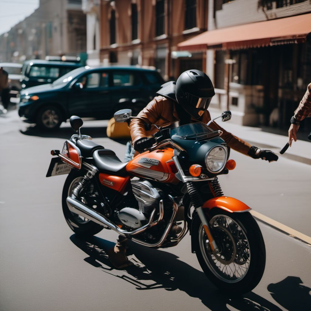 Person boarding or alighting a motorcycle injured in collision with fixed or stationary object digital illustration