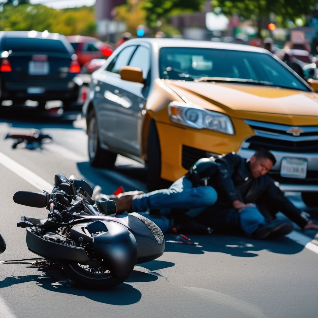 Motorcycle driver injured in noncollision transport accident in traffic accident digital illustration