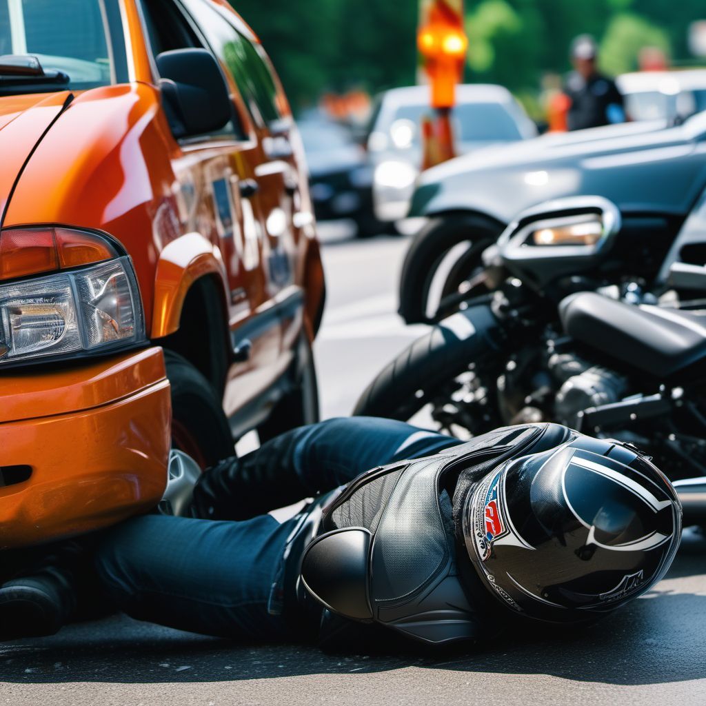 Unspecified motorcycle rider injured in noncollision transport accident in traffic accident digital illustration