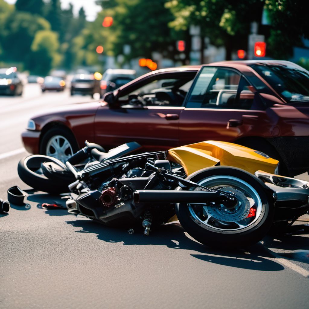 Motorcycle passenger injured in collision with unspecified motor vehicles in nontraffic accident digital illustration