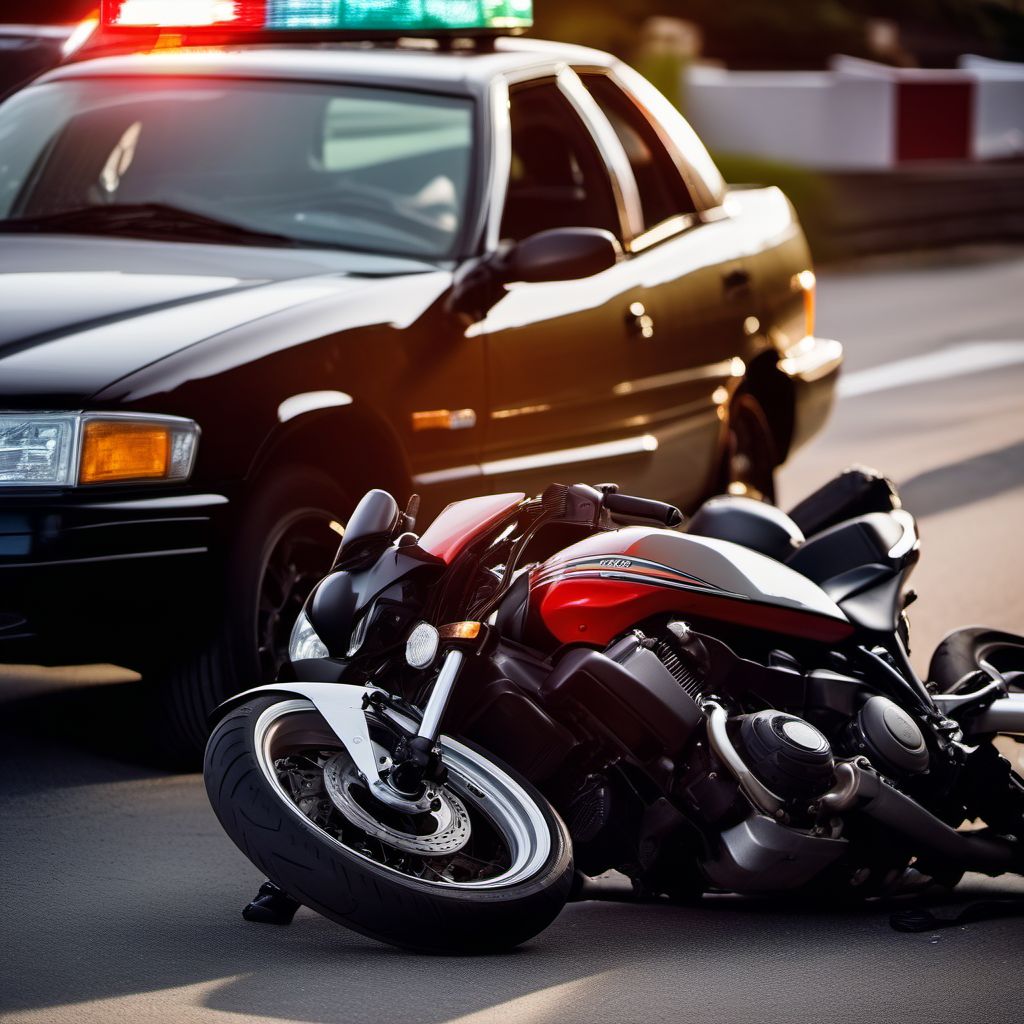 Unspecified motorcycle rider injured in collision with other and unspecified motor vehicles in nontraffic accident digital illustration