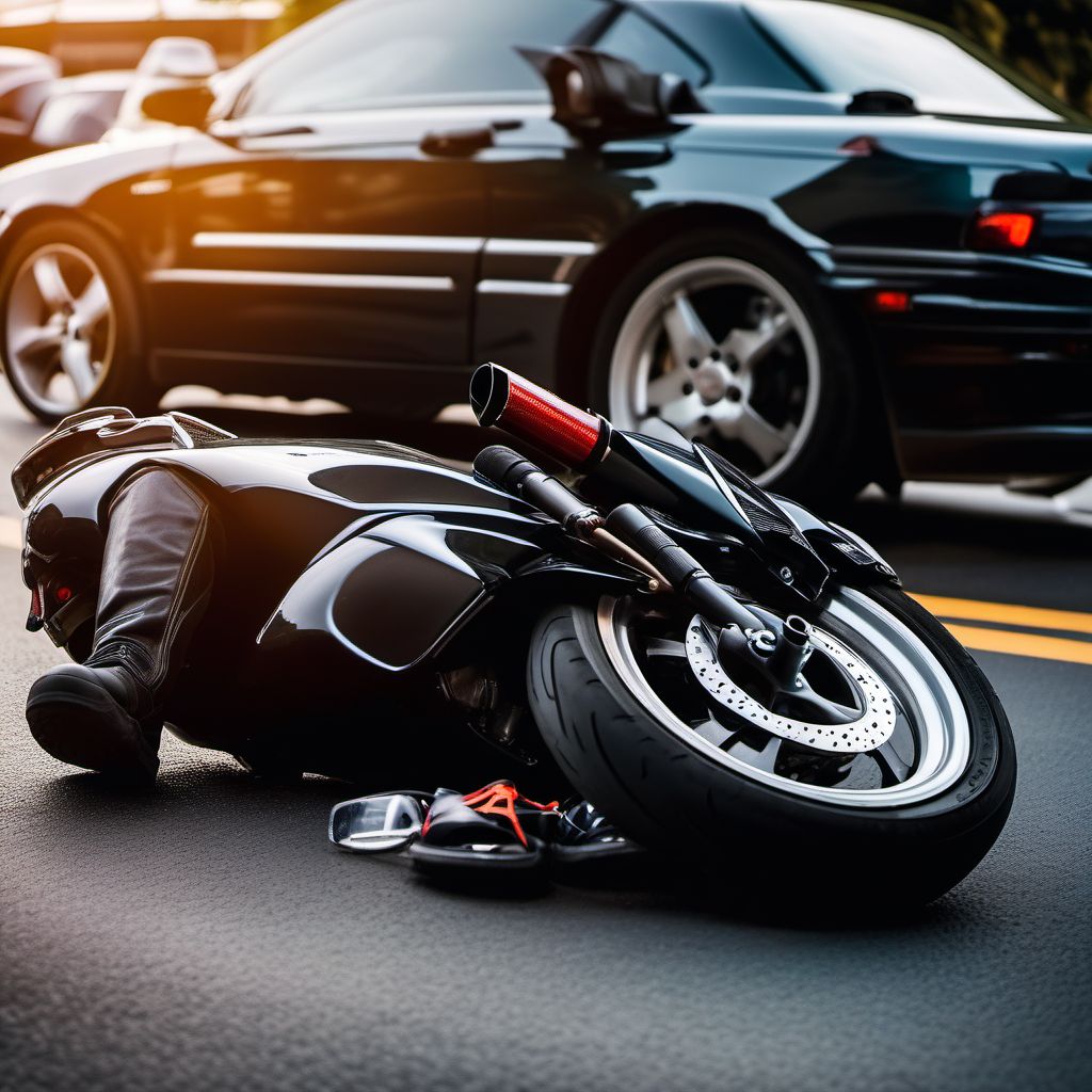 Unspecified motorcycle rider injured in collision with other motor vehicles in nontraffic accident digital illustration