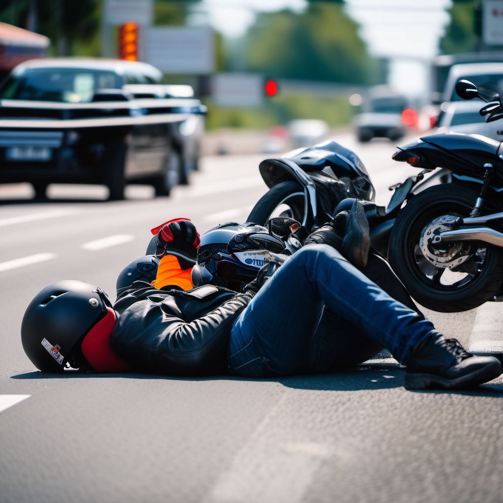 Motorcycle driver injured in collision with other and unspecified motor vehicles in traffic accident digital illustration