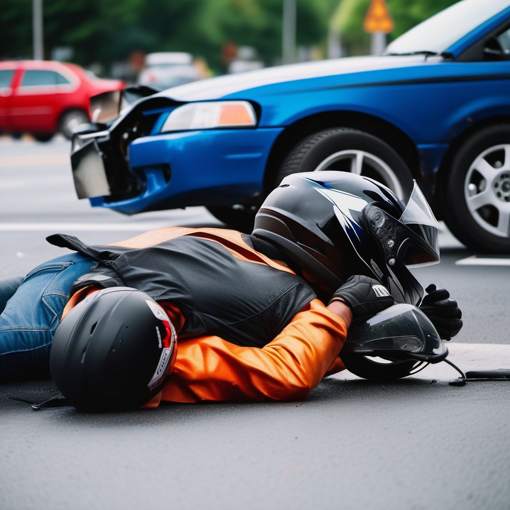 Motorcycle driver injured in collision with unspecified motor vehicles in traffic accident digital illustration