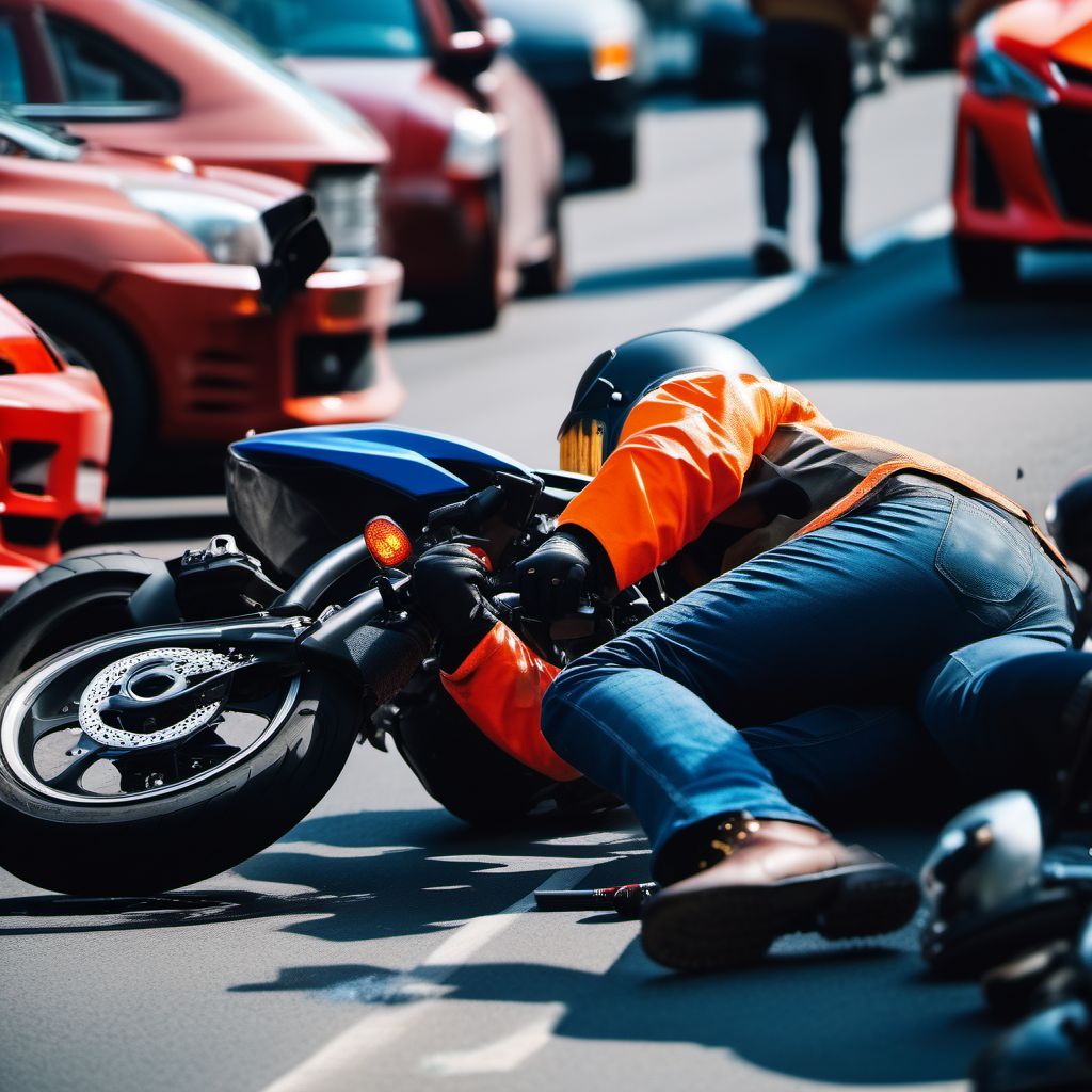 Motorcycle driver injured in collision with other motor vehicles in traffic accident digital illustration