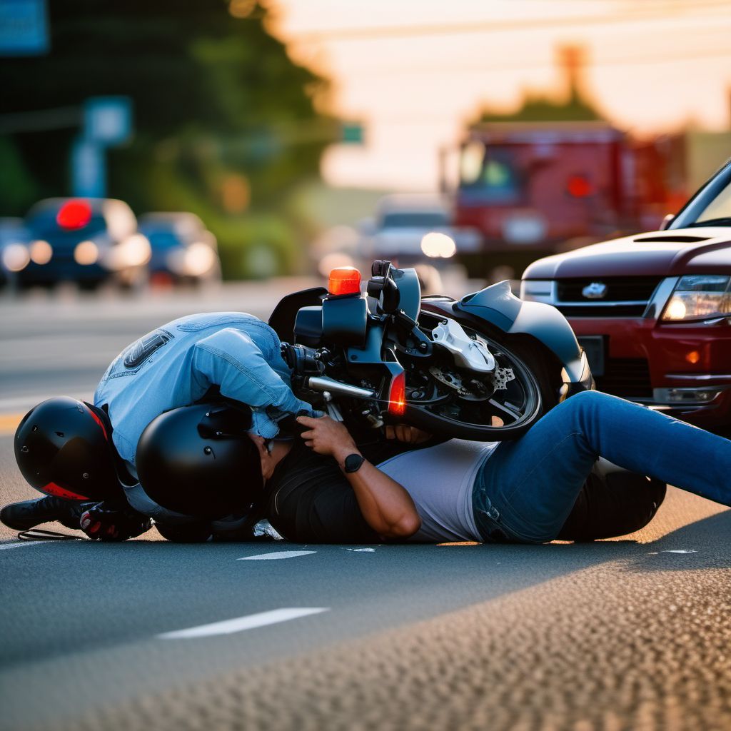 Motorcycle passenger injured in collision with other and unspecified motor vehicles in traffic accident digital illustration