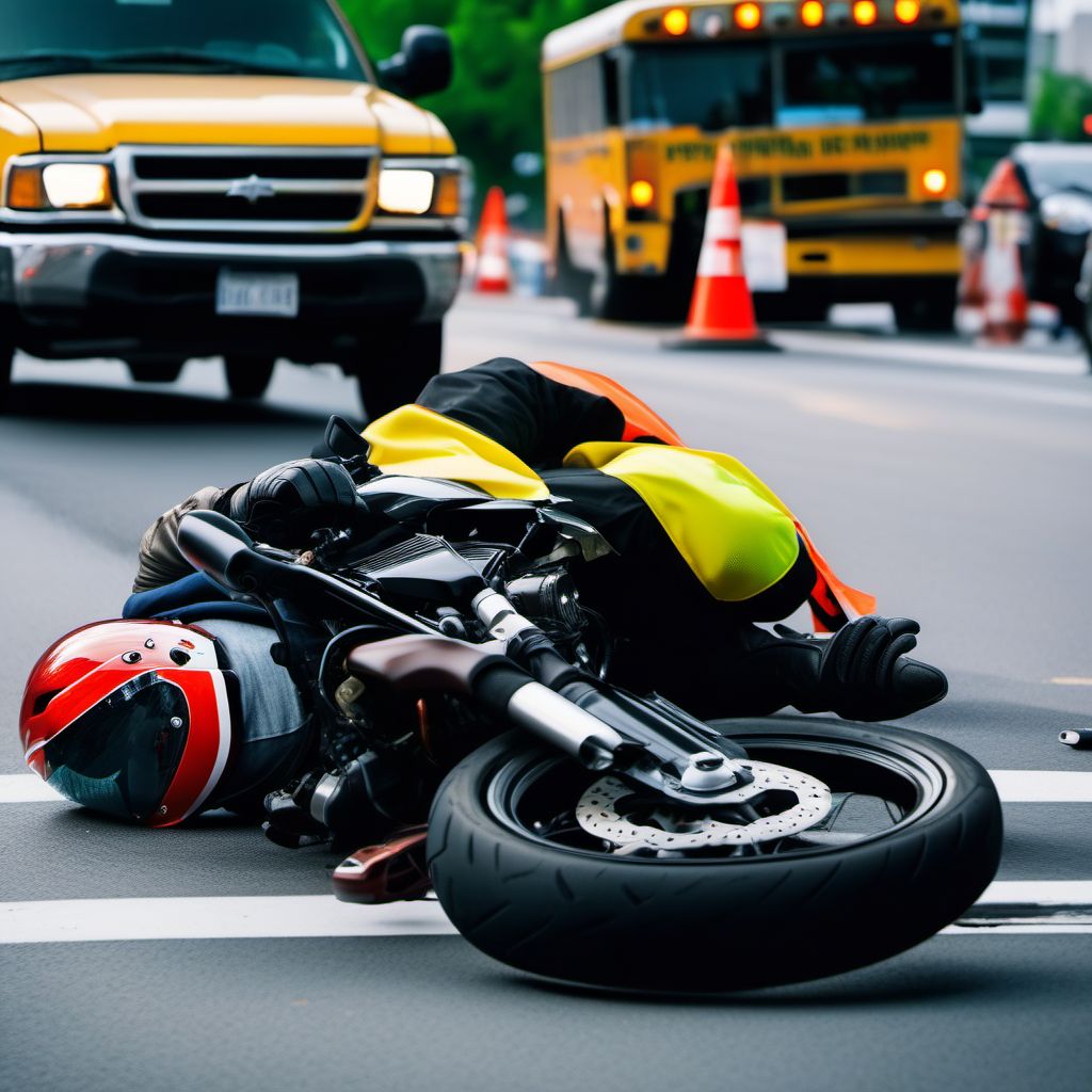 Motorcycle passenger injured in collision with unspecified motor vehicles in traffic accident digital illustration