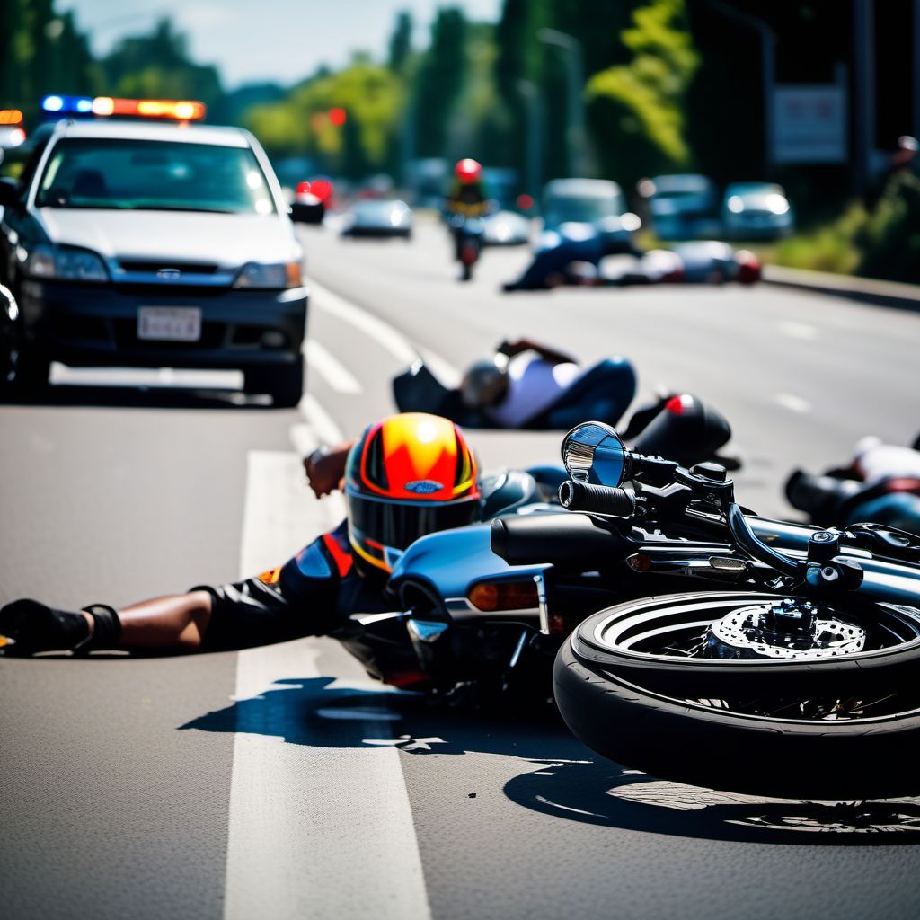 Motorcycle passenger injured in collision with other motor vehicles in traffic accident digital illustration