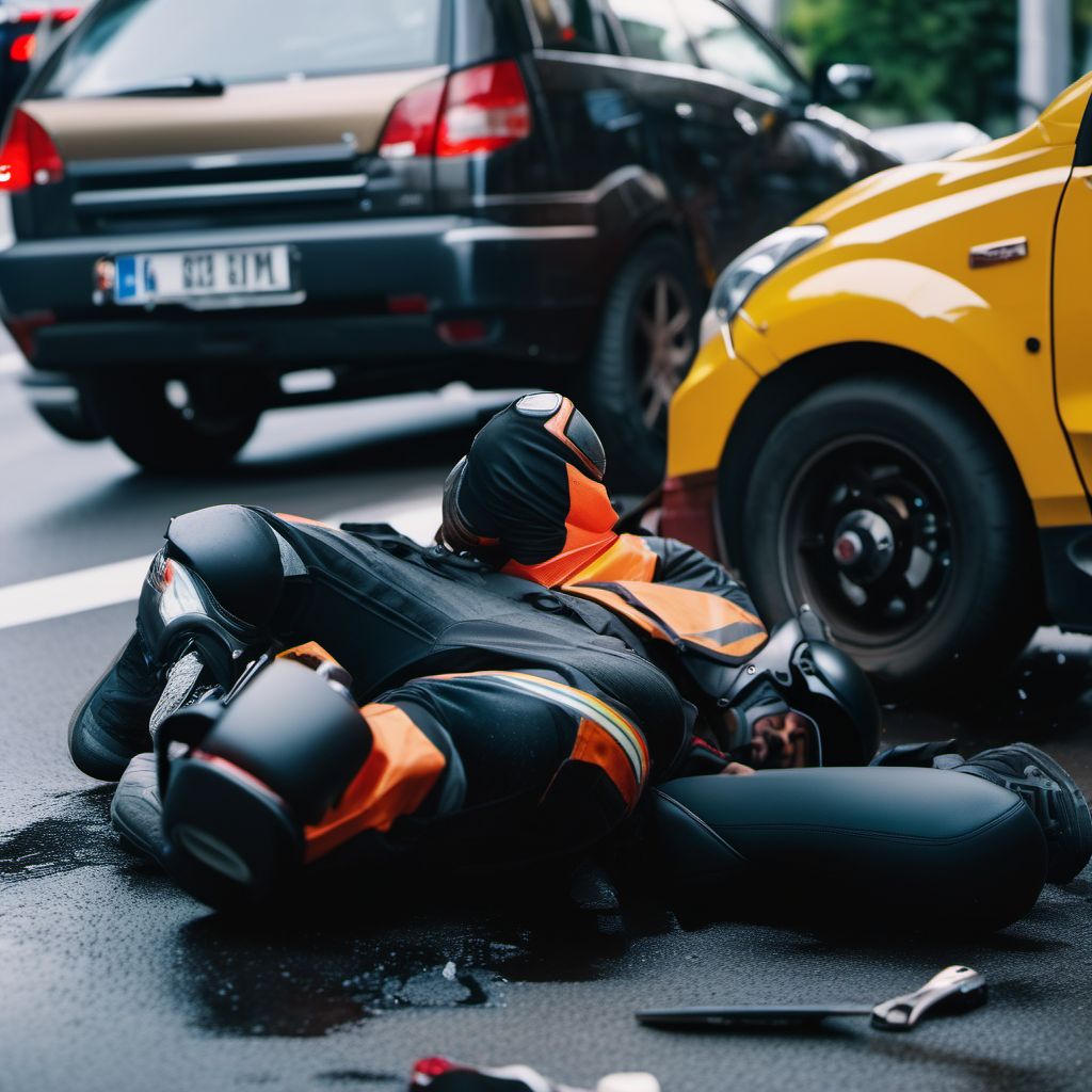 Unspecified motorcycle rider injured in collision with other motor vehicles in traffic accident digital illustration