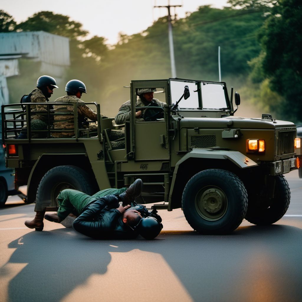 Motorcycle rider (driver) (passenger) injured in transport accident with military vehicle digital illustration