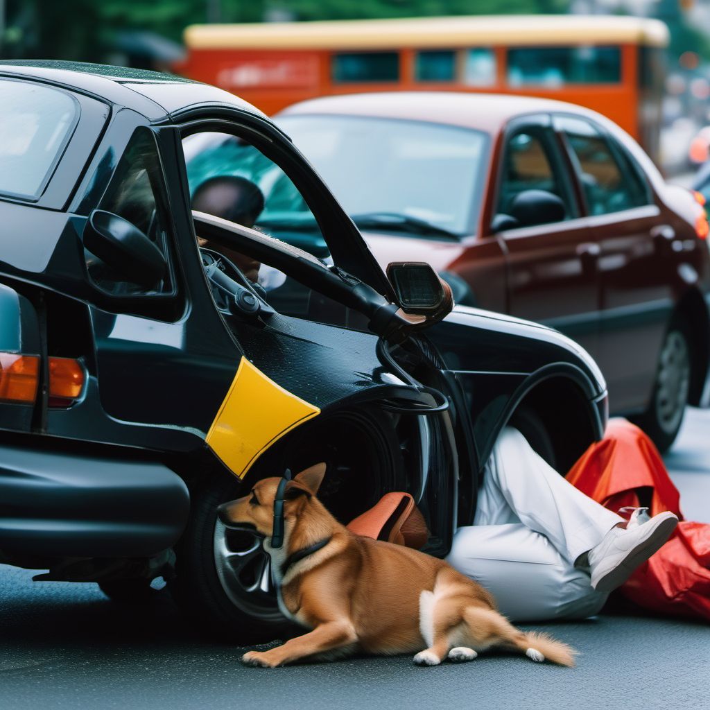 Passenger in three-wheeled motor vehicle injured in collision with pedestrian or animal in traffic accident digital illustration