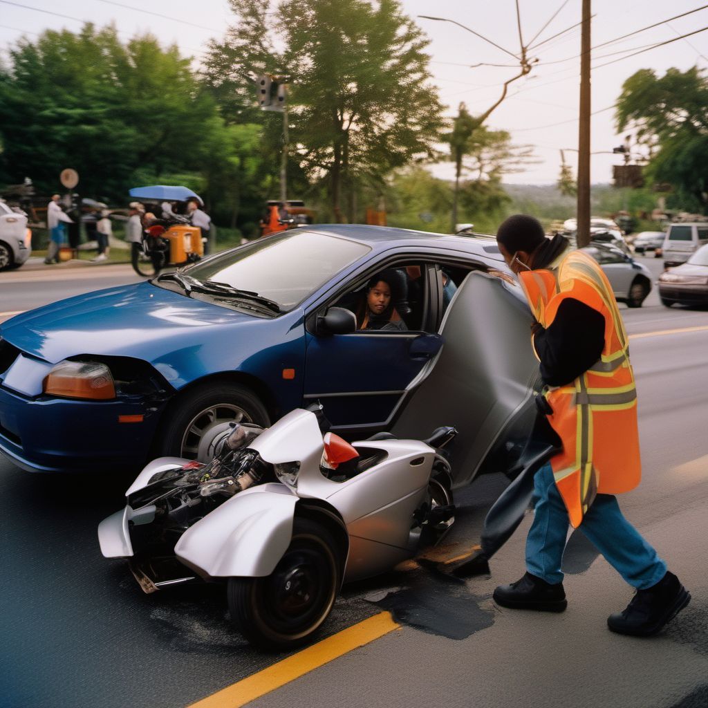 Person on outside of three-wheeled motor vehicle injured in collision with pedestrian or animal in traffic accident digital illustration