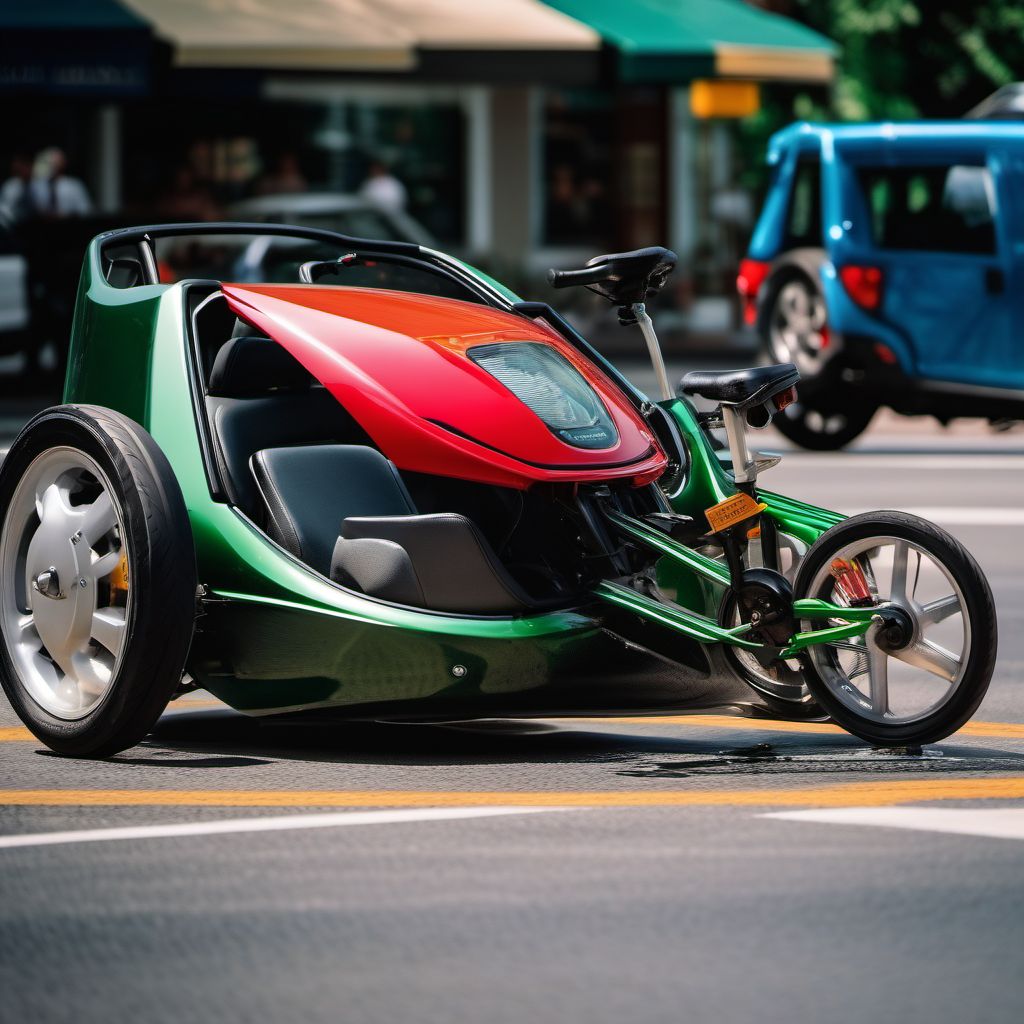 Passenger in three-wheeled motor vehicle injured in collision with pedal cycle in nontraffic accident digital illustration