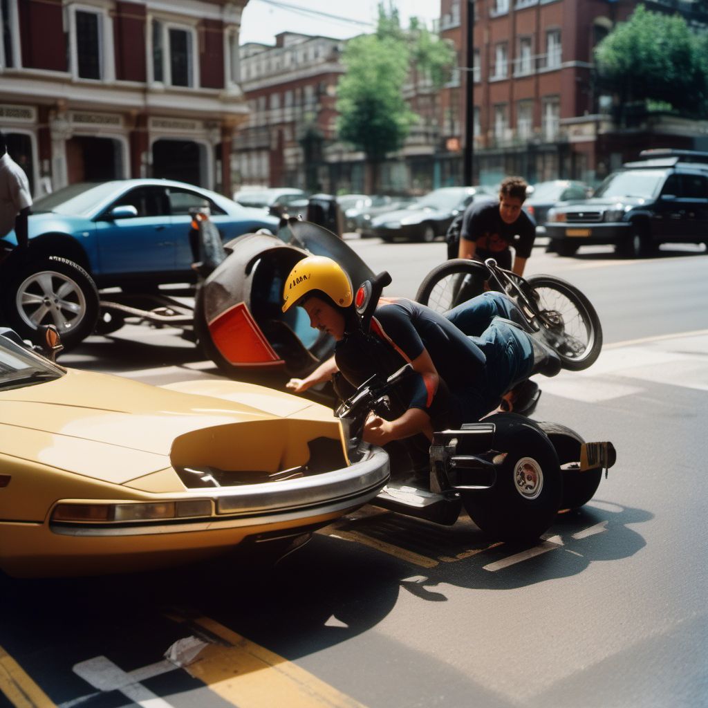 Person boarding or alighting a three-wheeled motor vehicle injured in collision with pedal cycle digital illustration