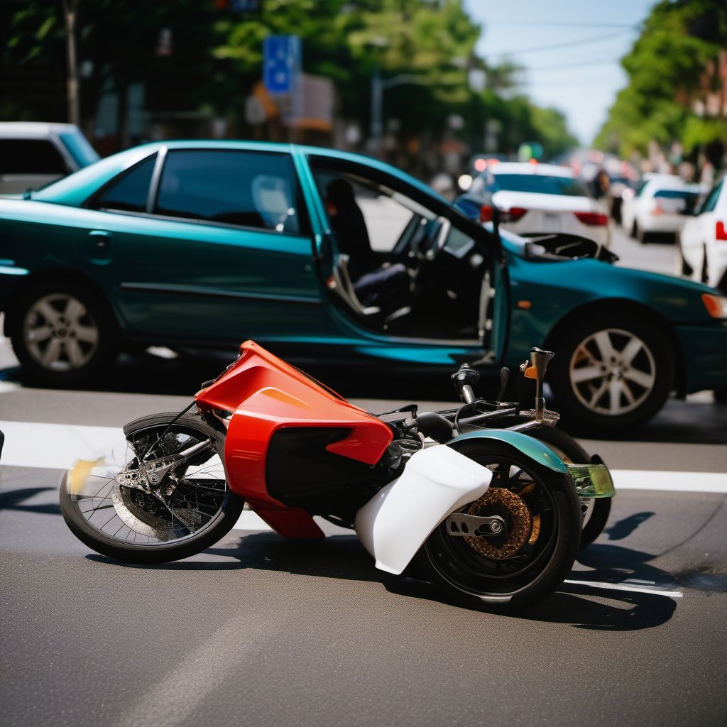 Person on outside of three-wheeled motor vehicle injured in collision with pedal cycle in traffic accident digital illustration