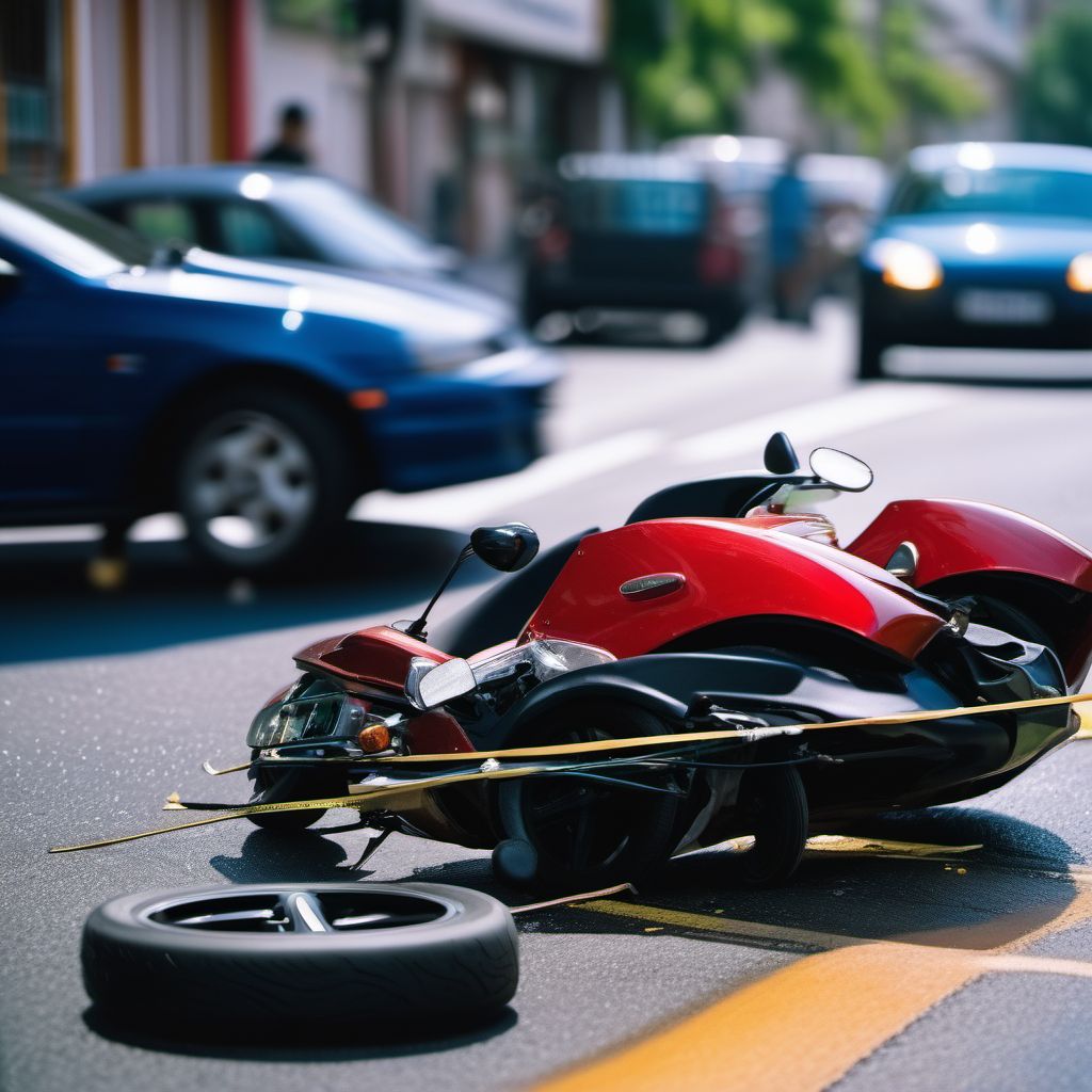 Unspecified occupant of three-wheeled motor vehicle injured in collision with pedal cycle in traffic accident digital illustration