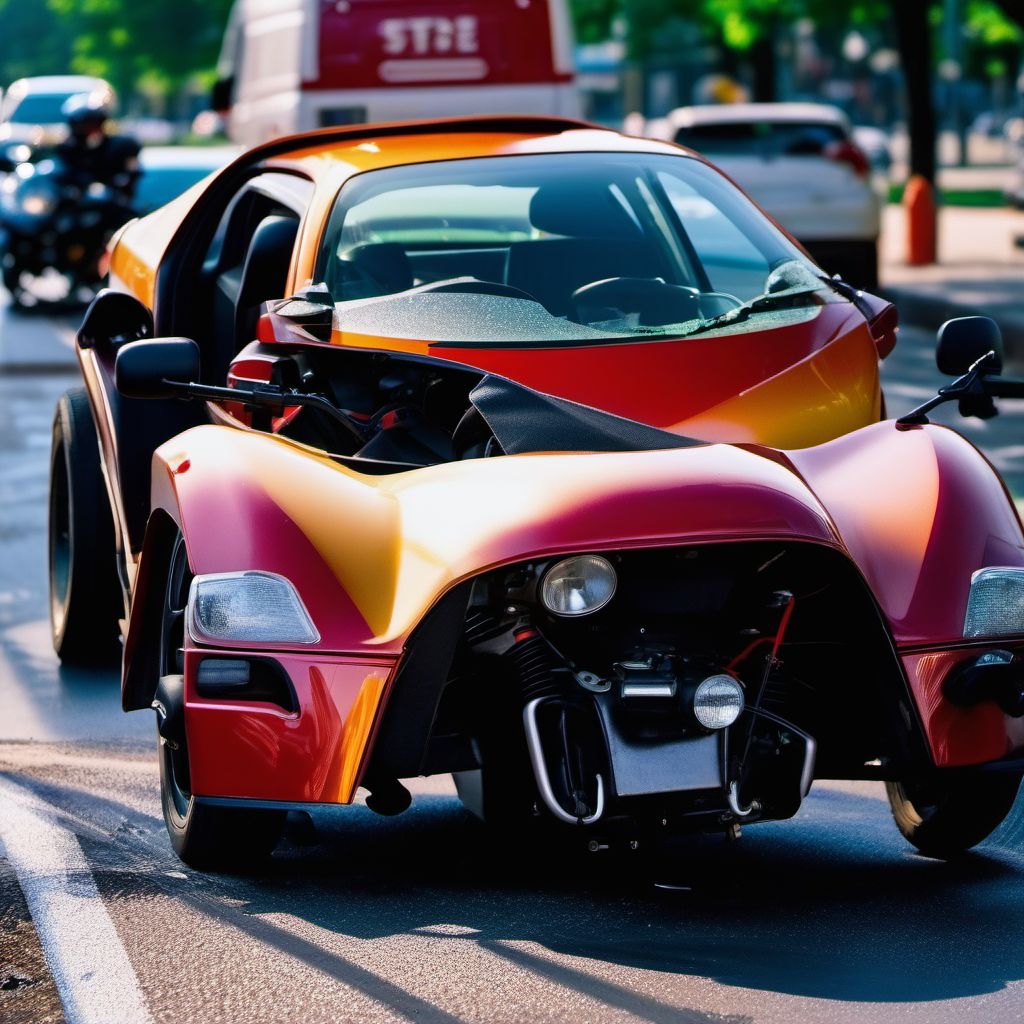 Passenger in three-wheeled motor vehicle injured in collision with two- or three-wheeled motor vehicle in nontraffic accident digital illustration