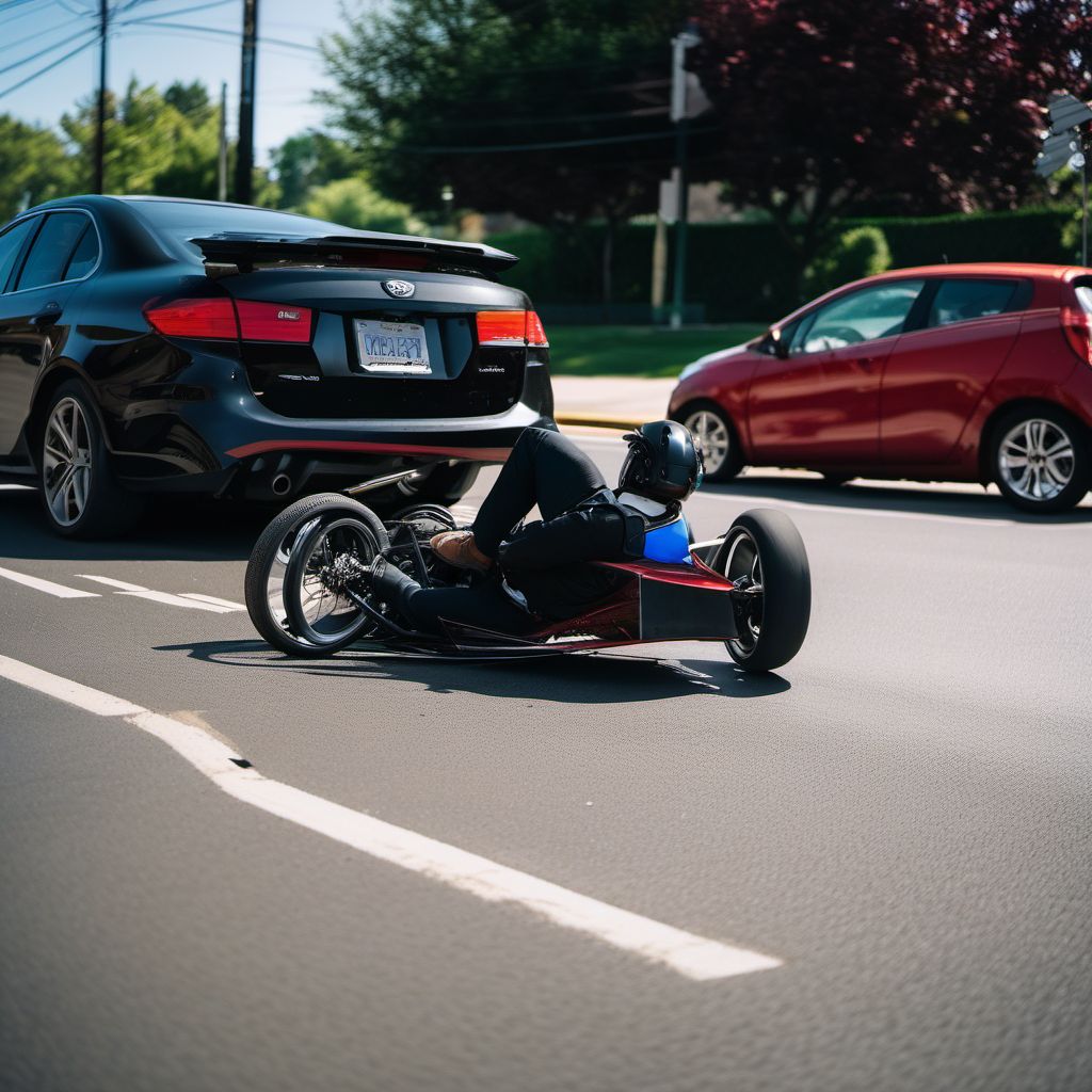 Person on outside of three-wheeled motor vehicle injured in collision with two- or three-wheeled motor vehicle in nontraffic accident digital illustration