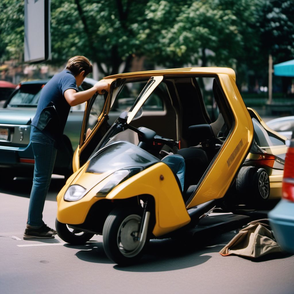 Person boarding or alighting a three-wheeled motor vehicle injured in collision with two- or three-wheeled motor vehicle digital illustration