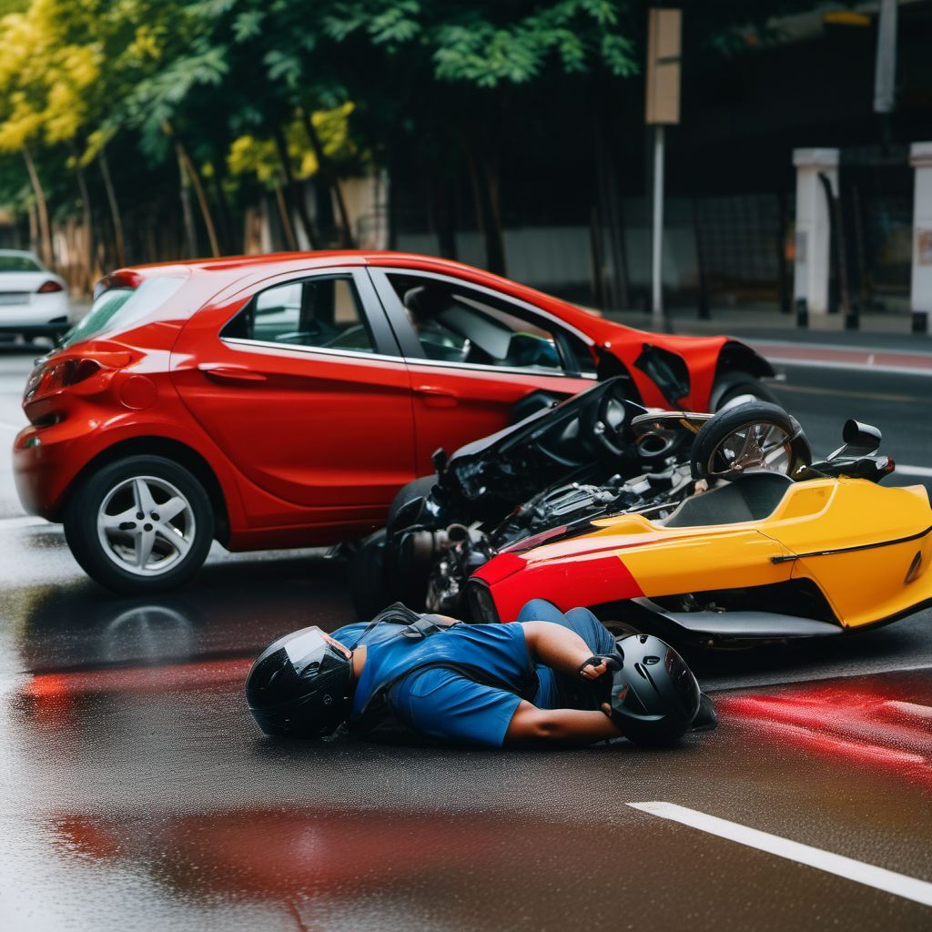 Driver of three-wheeled motor vehicle injured in collision with two- or three-wheeled motor vehicle in traffic accident digital illustration