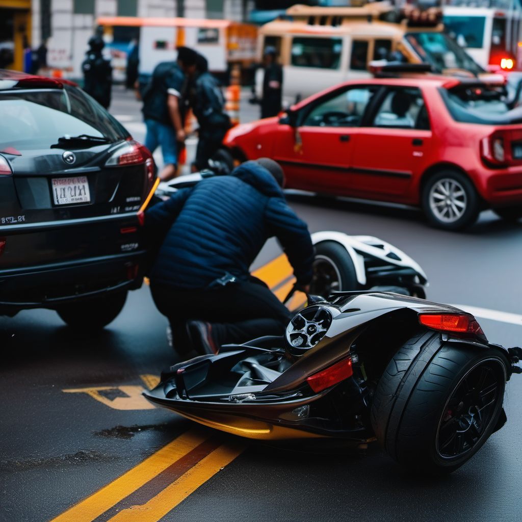 Person on outside of three-wheeled motor vehicle injured in collision with two- or three-wheeled motor vehicle in traffic accident digital illustration