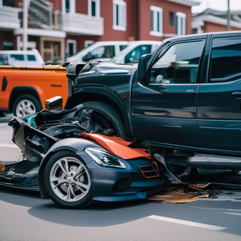 Driver of three-wheeled motor vehicle injured in collision with car, pick-up truck or van in nontraffic accident digital illustration