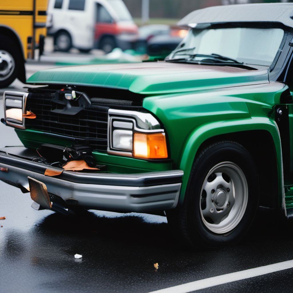 Unspecified occupant of three-wheeled motor vehicle injured in collision with car, pick-up truck or van in nontraffic accident digital illustration