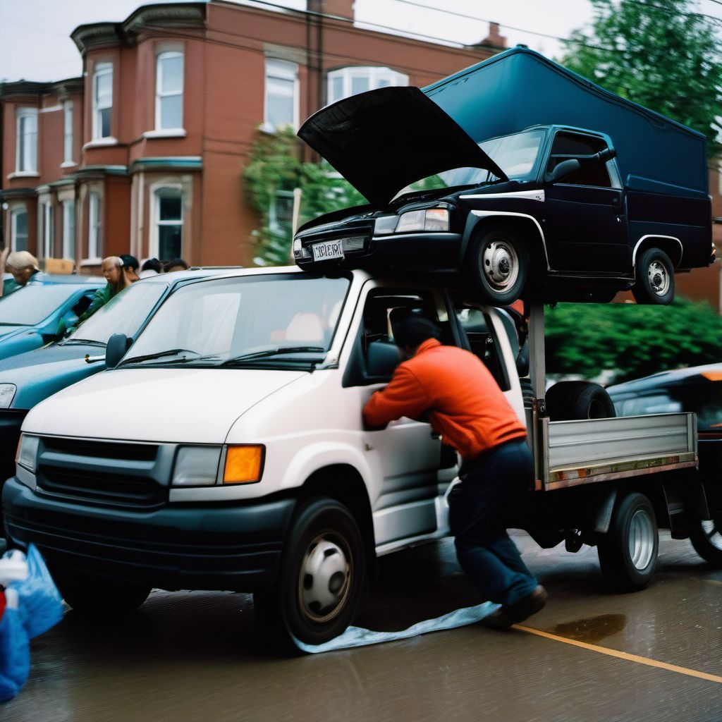 Person boarding or alighting a three-wheeled motor vehicle injured in collision with car, pick-up truck or van digital illustration