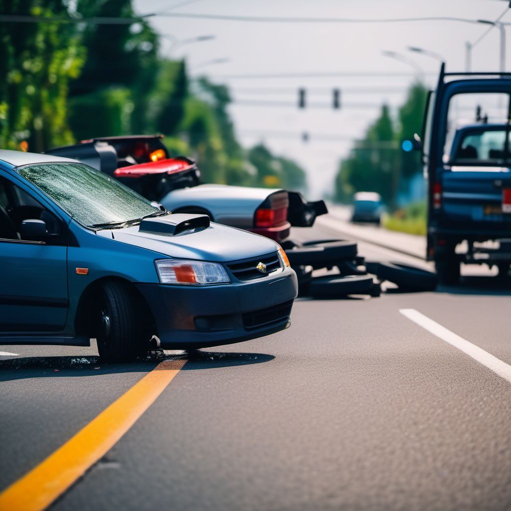 Driver of three-wheeled motor vehicle injured in collision with car, pick-up truck or van in traffic accident digital illustration