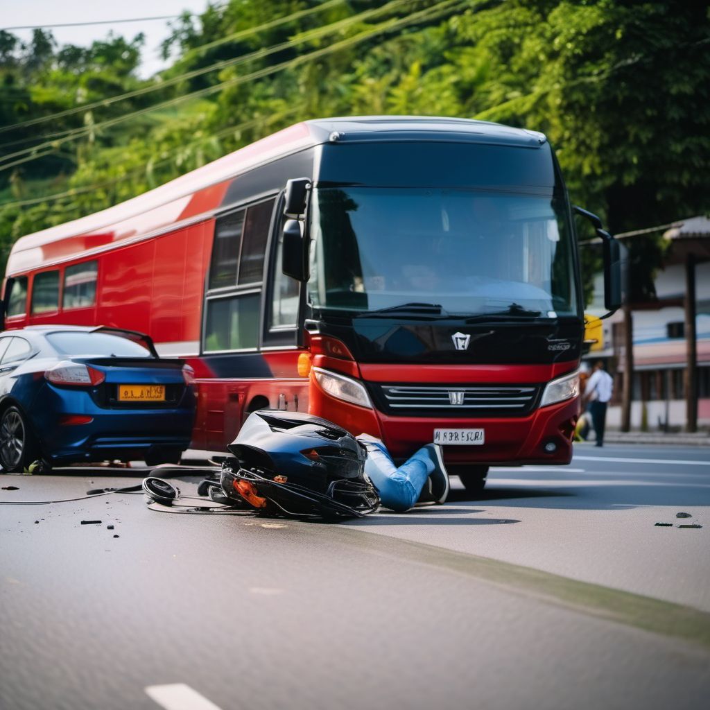 Driver of three-wheeled motor vehicle injured in collision with heavy transport vehicle or bus in nontraffic accident digital illustration