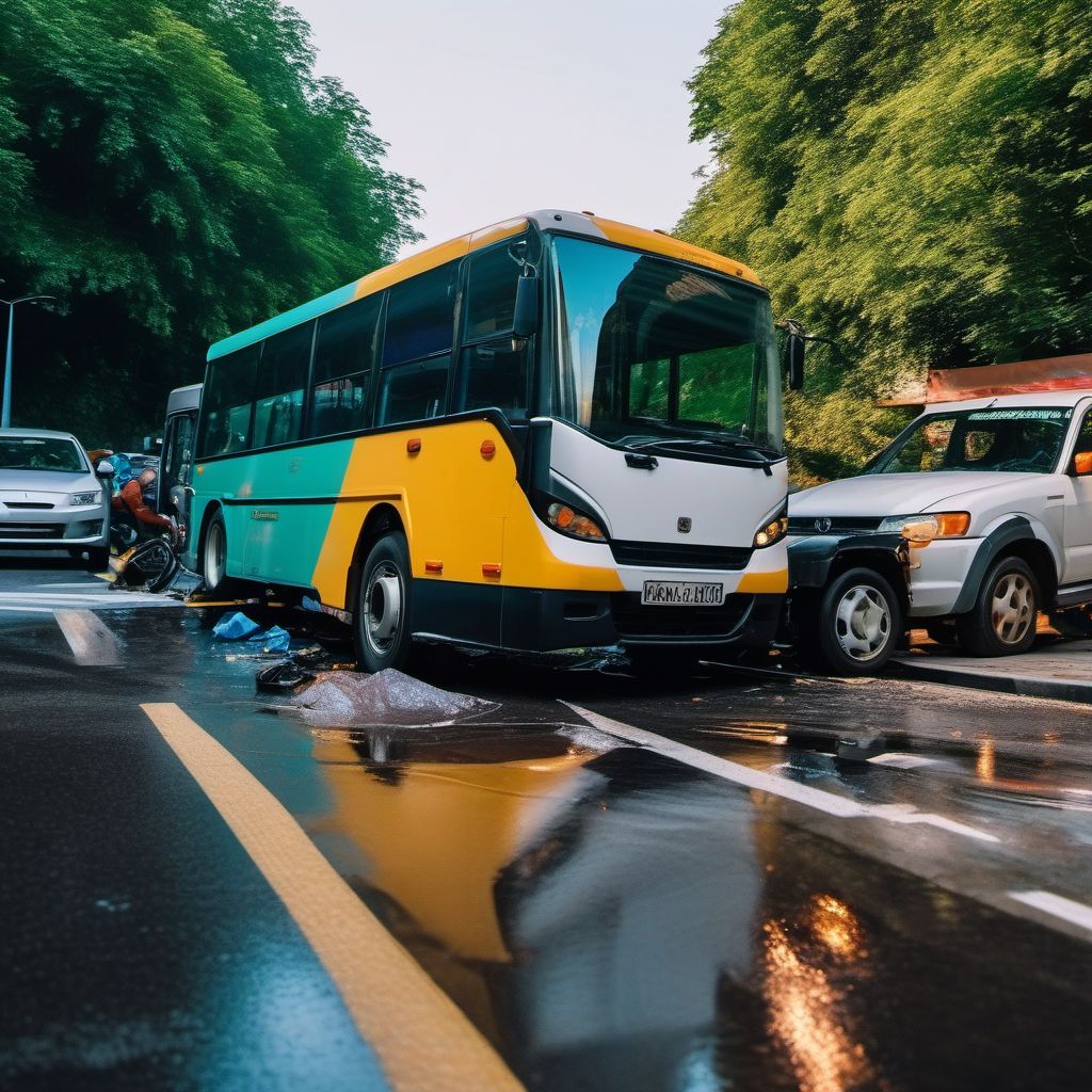 Passenger in three-wheeled motor vehicle injured in collision with heavy transport vehicle or bus in nontraffic accident digital illustration