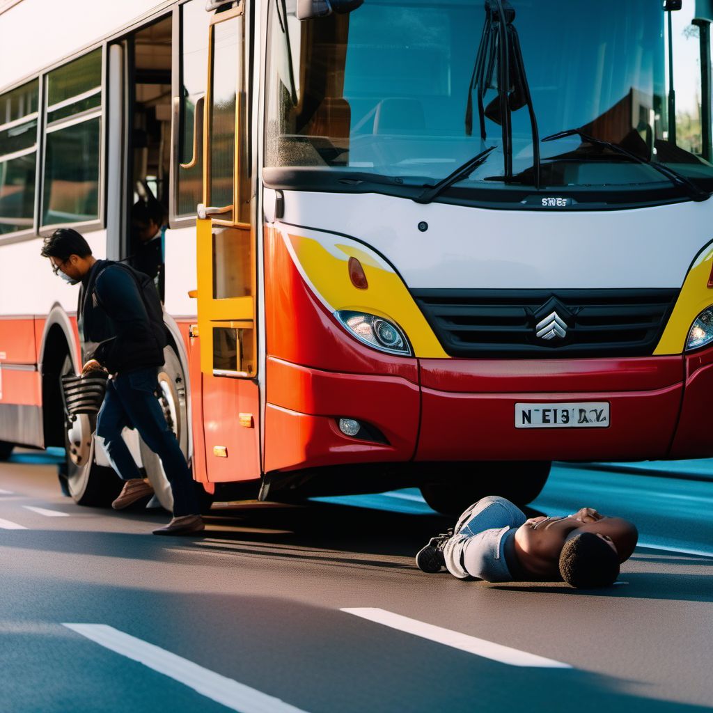 Person on outside of three-wheeled motor vehicle injured in collision with heavy transport vehicle or bus in nontraffic accident digital illustration