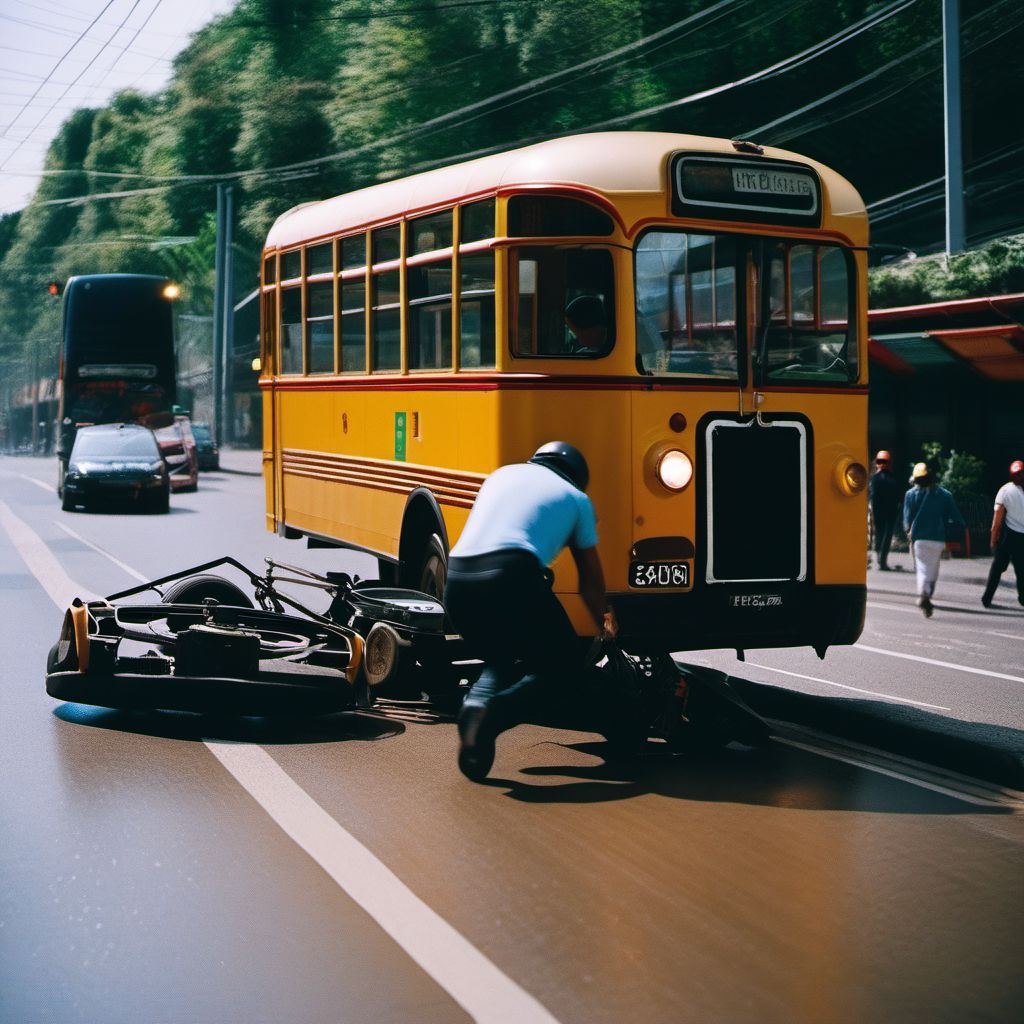 Person boarding or alighting a three-wheeled motor vehicle injured in collision with heavy transport vehicle or bus digital illustration