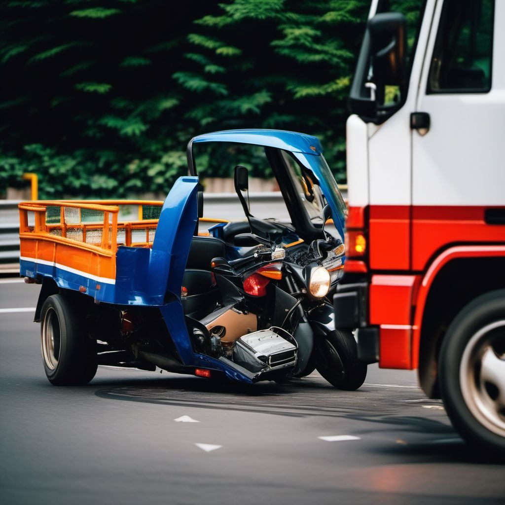 Passenger in three-wheeled motor vehicle injured in collision with heavy transport vehicle or bus in traffic accident digital illustration